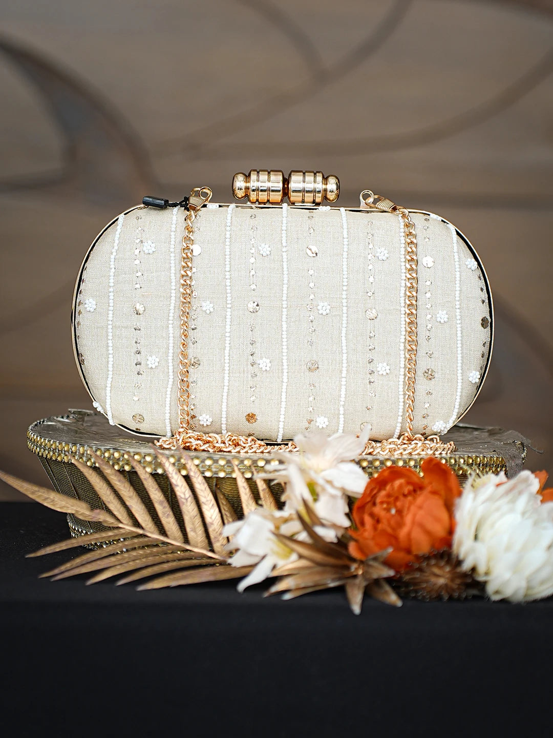 Ada Hand Embroidered Fawn Silk Lucknowi Chikankari Clutch With Pearl Work 01A785646