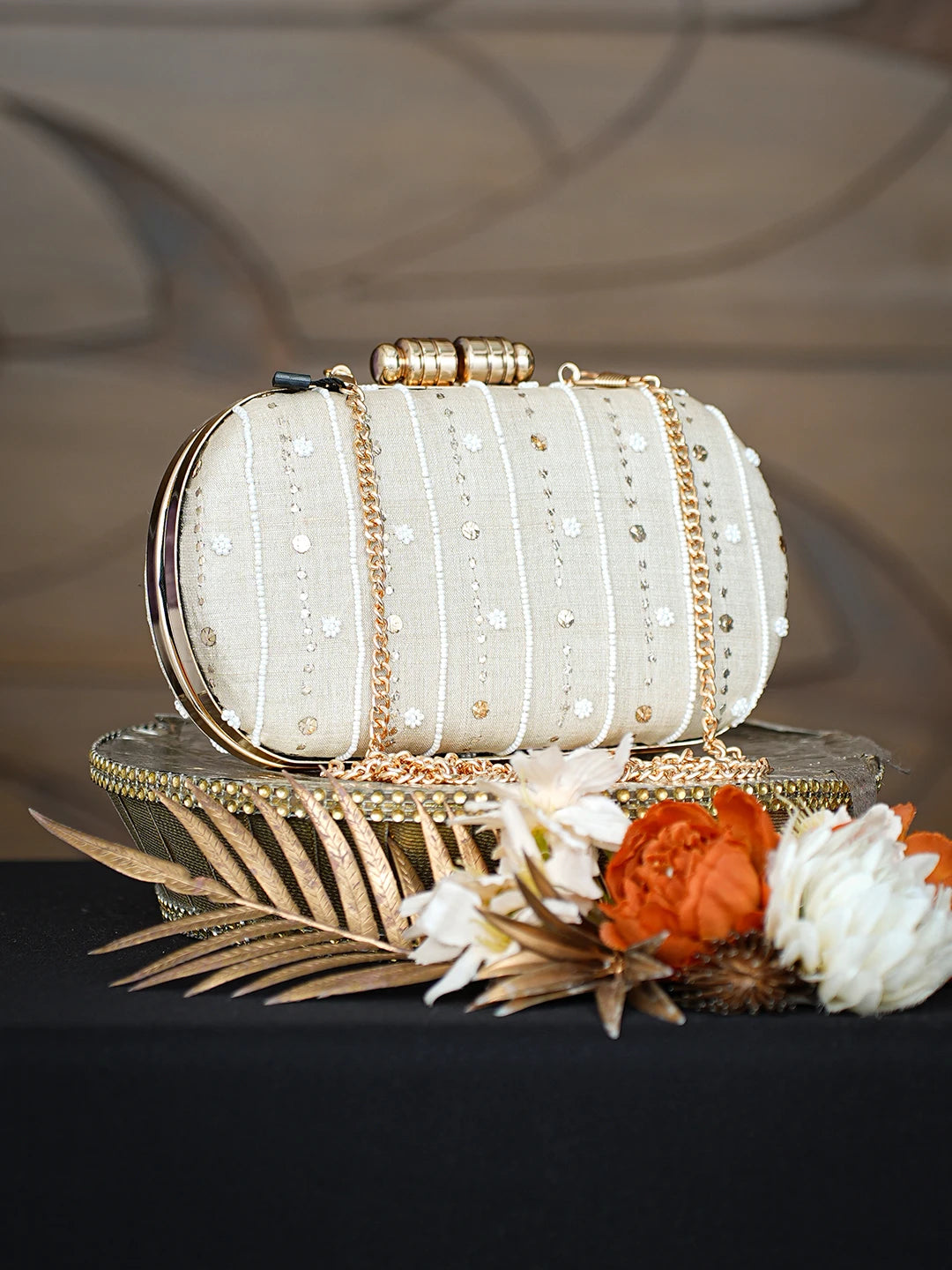 Ada Hand Embroidered Fawn Silk Lucknowi Chikankari Clutch With Pearl Work 01A785646