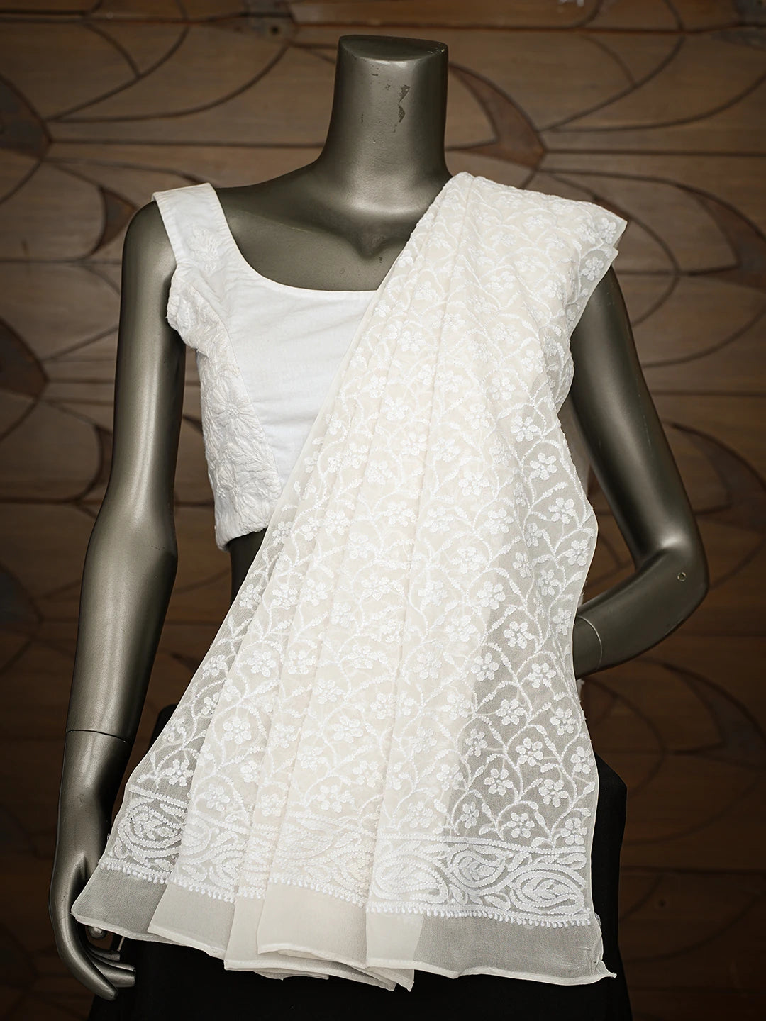 Ada Hand Embroidered White Pure Georgette Lucknowi Chikankari Dupatta 01A766634