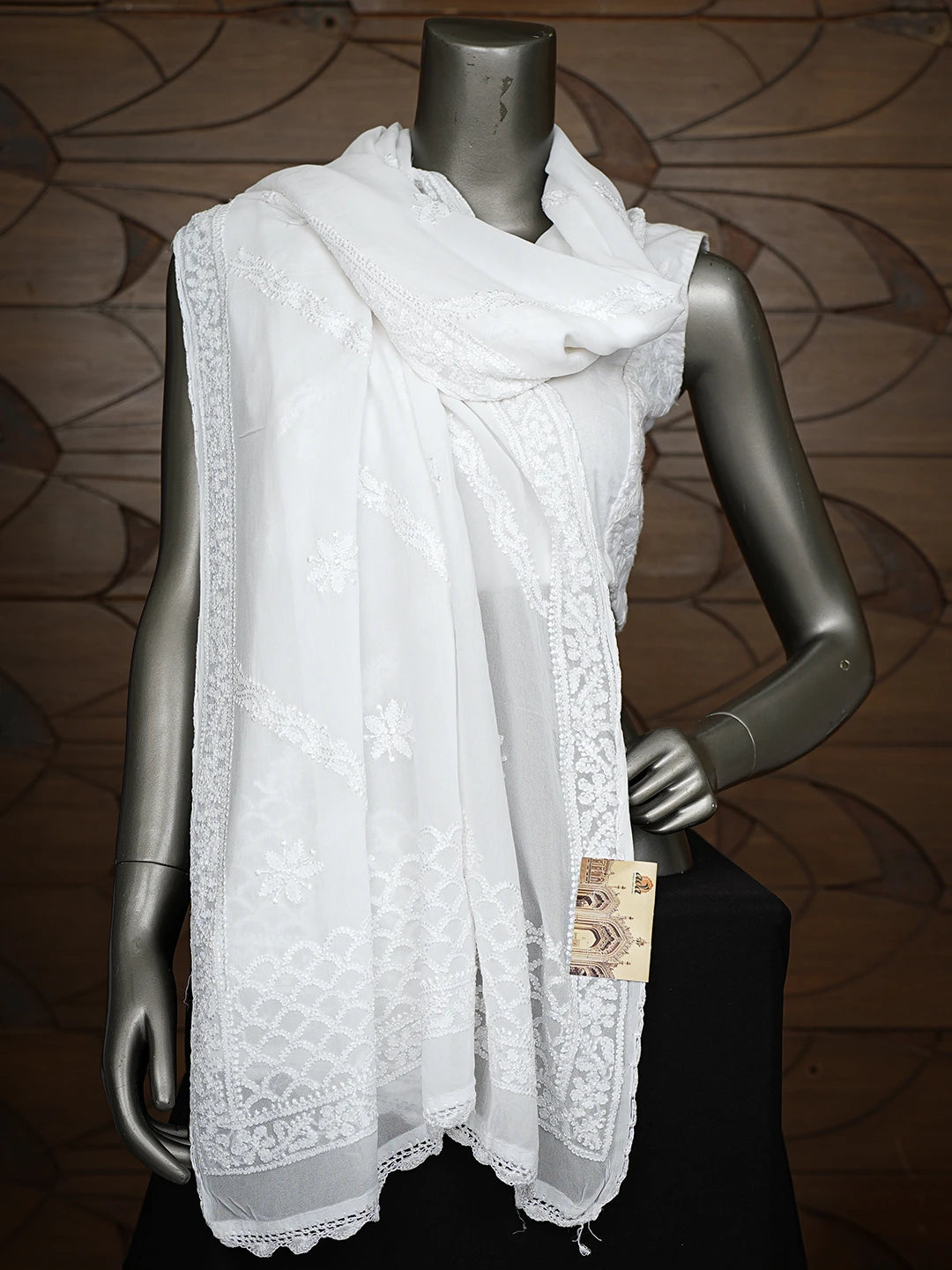 Ada Hand Embroidered White Viscose Georgette Lucknowi Chikankari Dupatta 01A720865