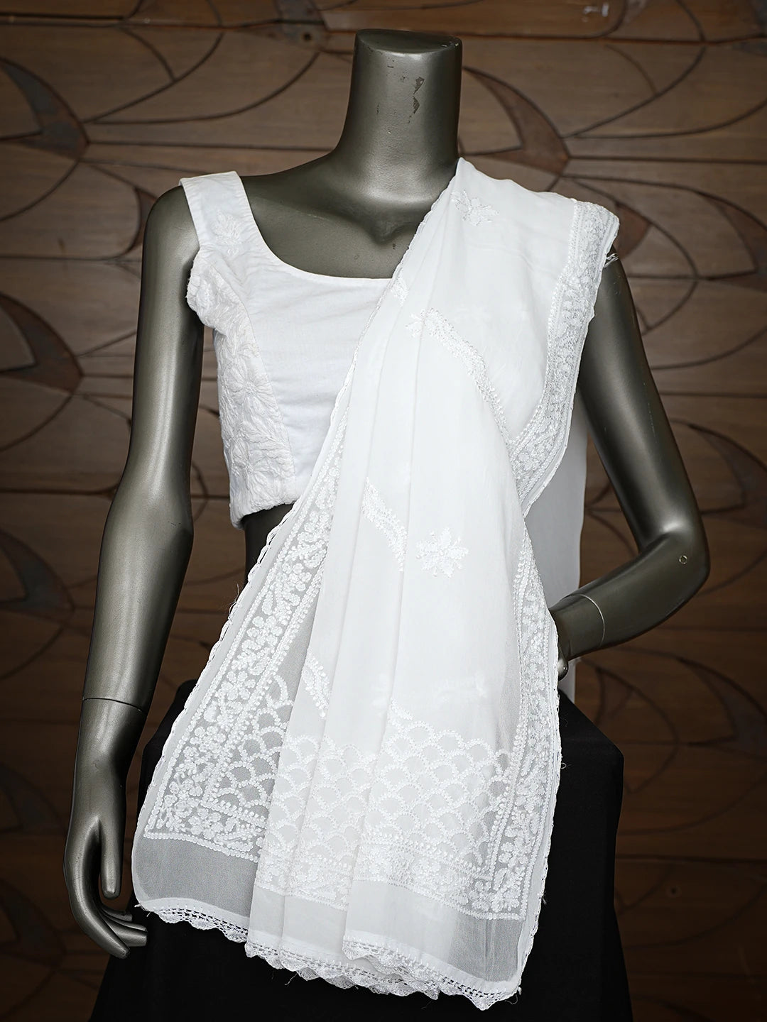 Ada Hand Embroidered White Viscose Georgette Lucknowi Chikankari Dupatta 01A720865