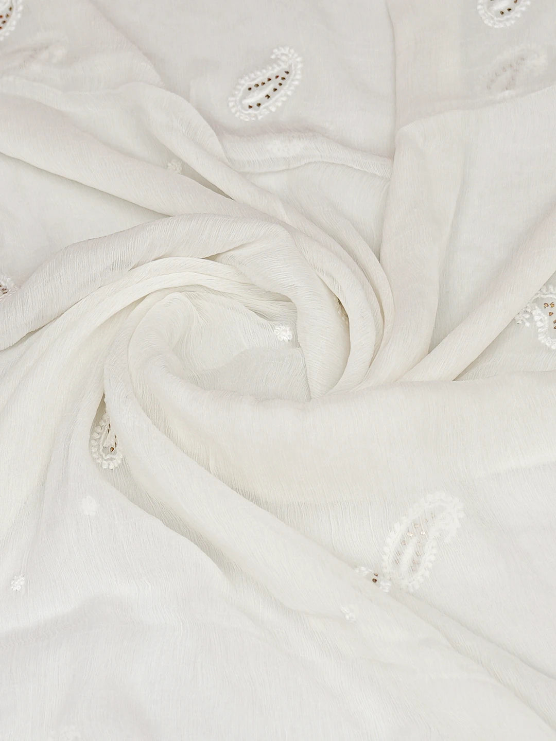 Ada Hand Embroidered White Chiffon Lucknowi Chikankari Dupatta With Mukaish Work 01A721837