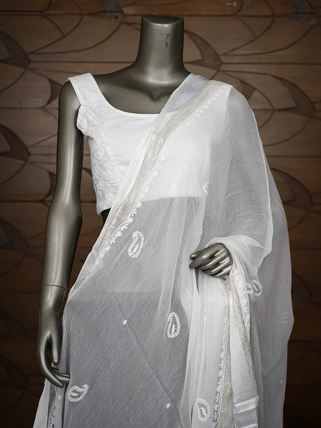 Ada Hand Embroidered White Chiffon Lucknowi Chikankari Dupatta With Mukaish Work 01A721837
