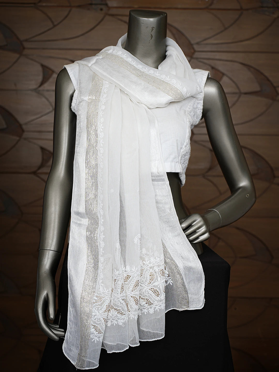 Ada Hand Embroidered White Chiffon Lucknowi Chikankari Dupatta With Mukaish Work 01A721837