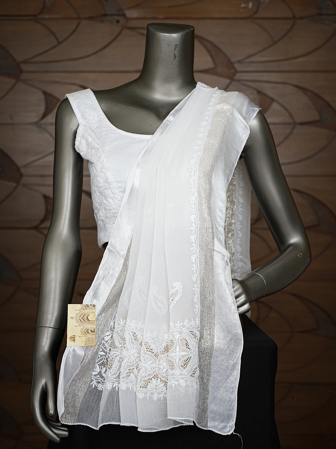 Ada Hand Embroidered White Chiffon Lucknowi Chikankari Dupatta With Mukaish Work 01A721837