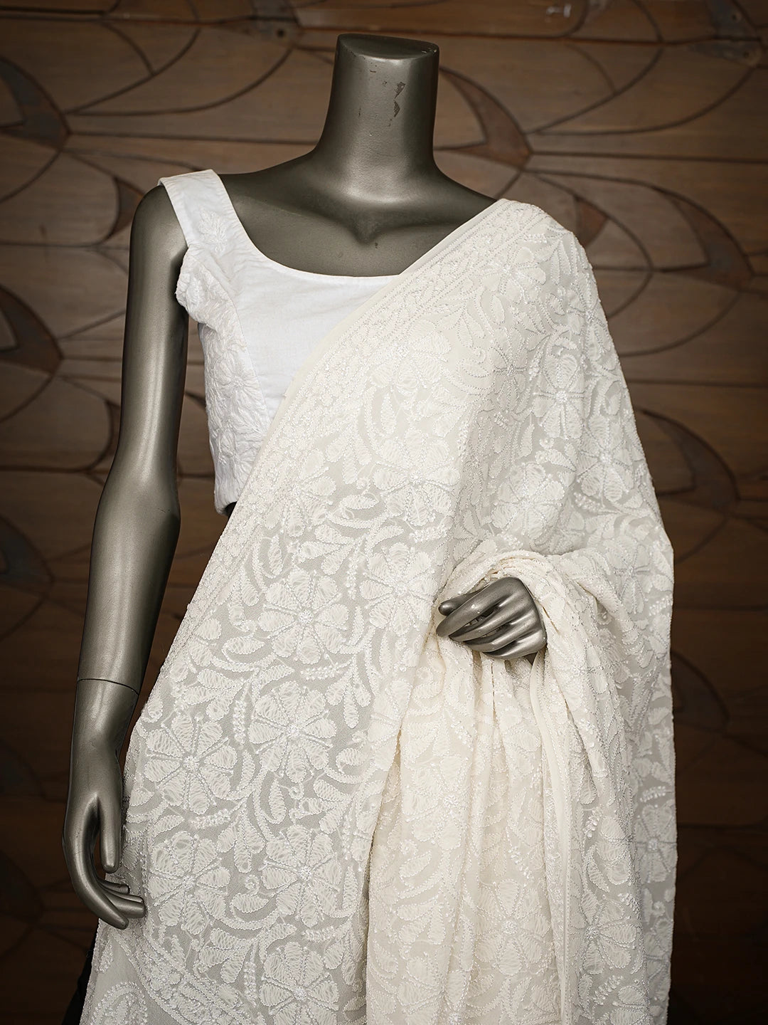 Ada Hand Embroidered White Pure Georgette Lucknowi Chikankari Dupatta 01A149401