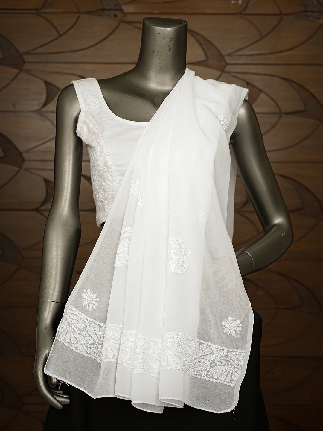 Ada Hand Embroidered White Viscose Georgette Lucknowi Chikankari Dupatta 01A794958