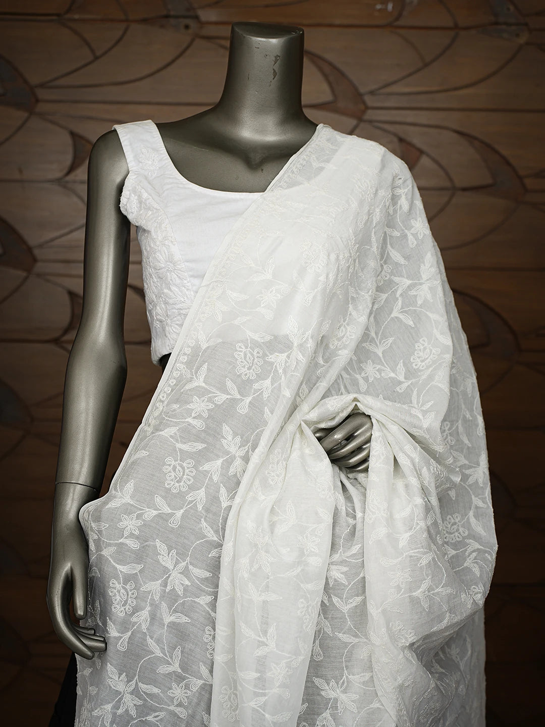 Ada Hand Embroidered White Chanderi Lucknowi Chikankari Dupatta 01A793253