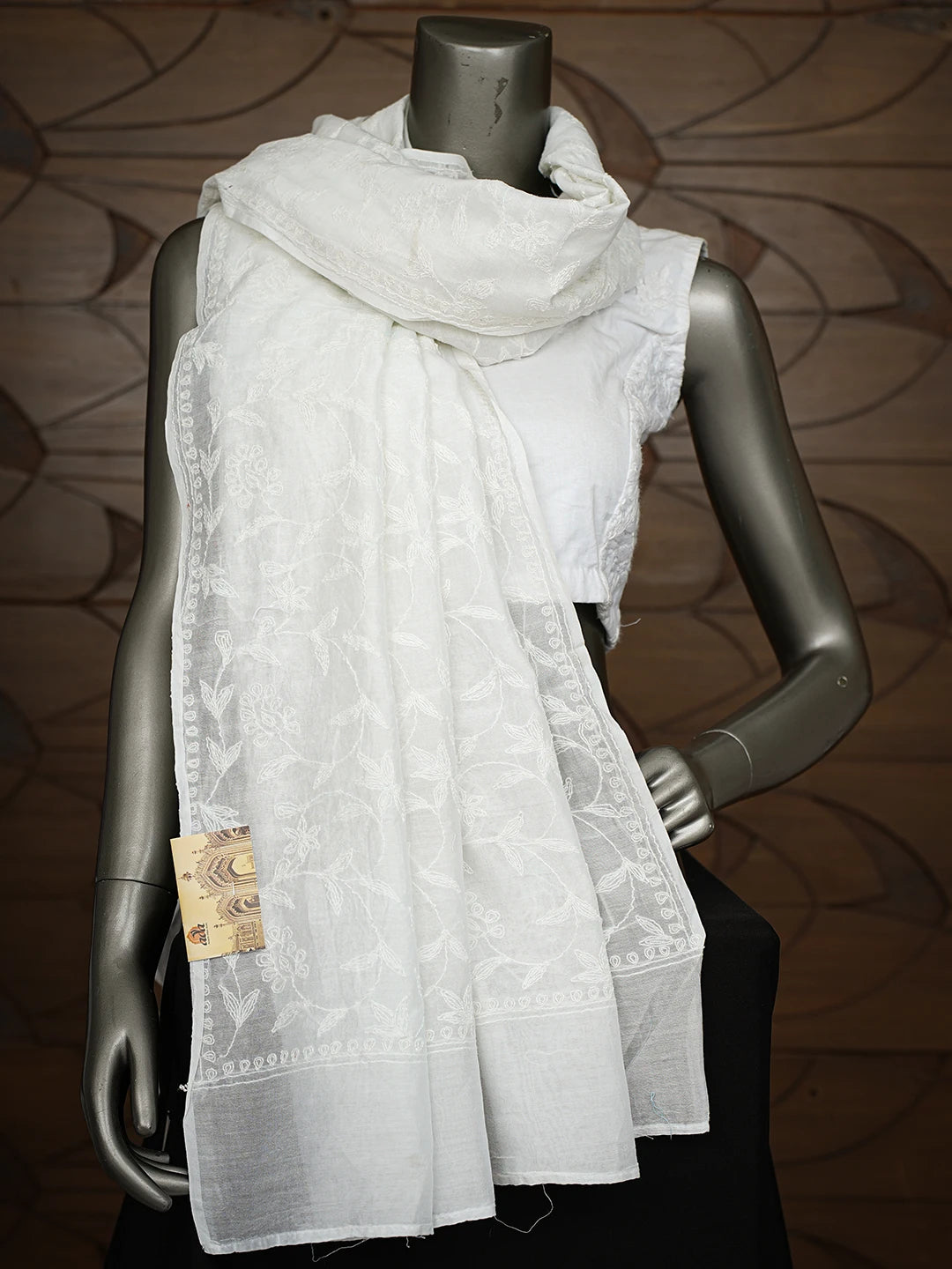 Ada Hand Embroidered White Chanderi Lucknowi Chikankari Dupatta 01A793253