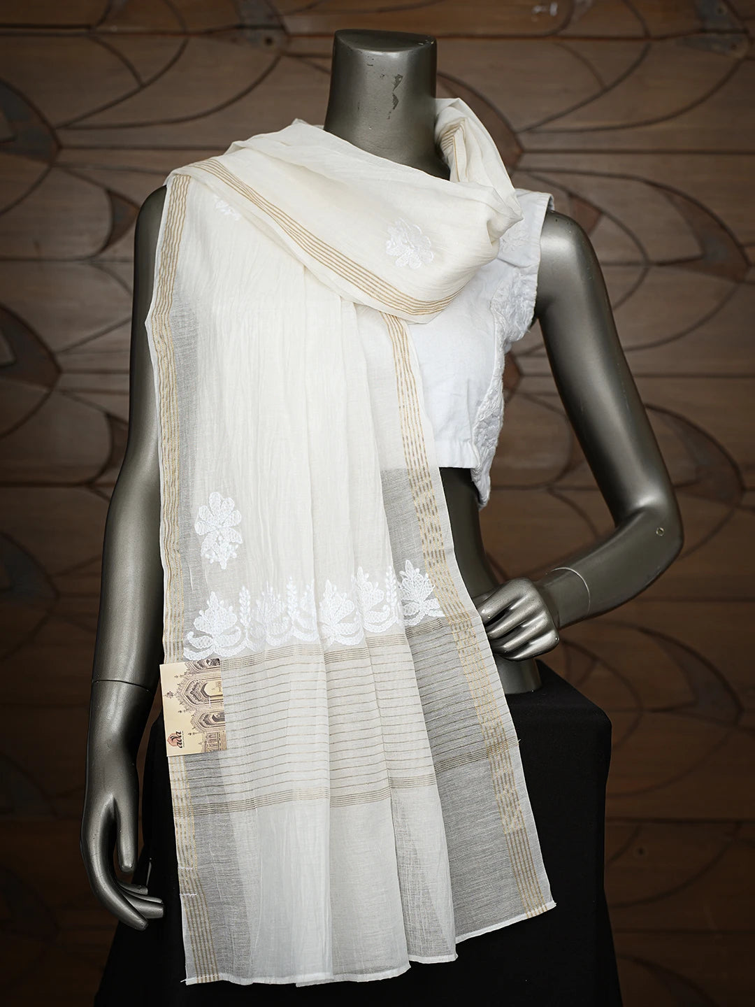 Ada Hand Embroidered White Chanderi Lucknowi Chikankari Dupatta 01A813786