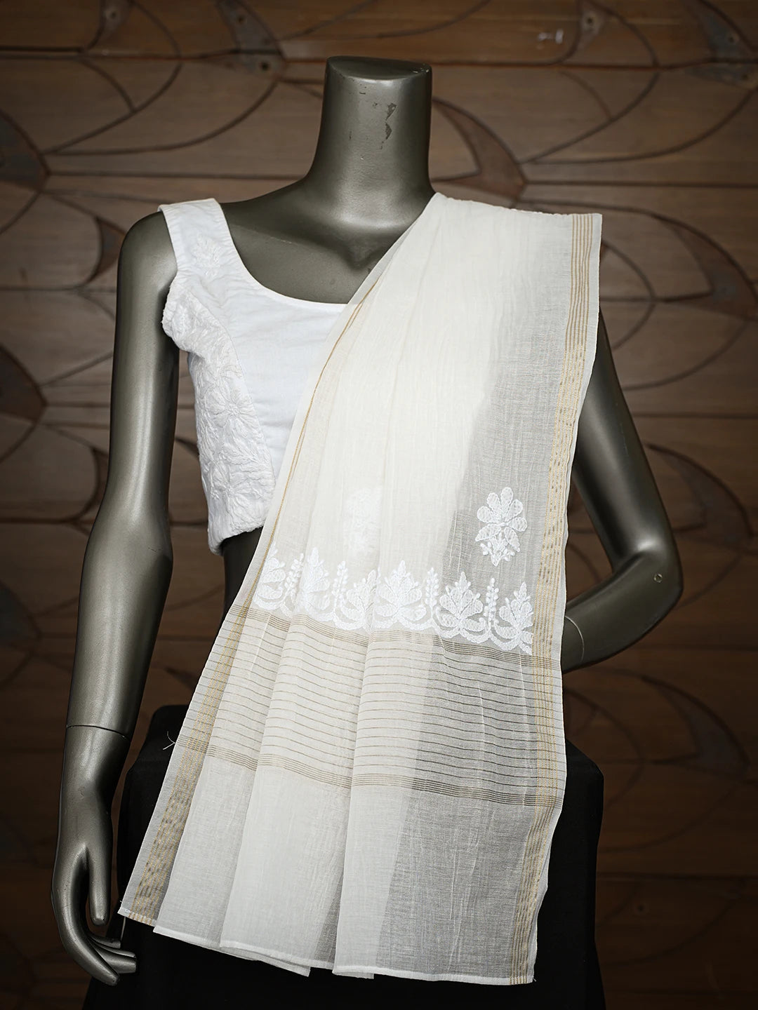 Ada Hand Embroidered White Chanderi Lucknowi Chikankari Dupatta 01A813786