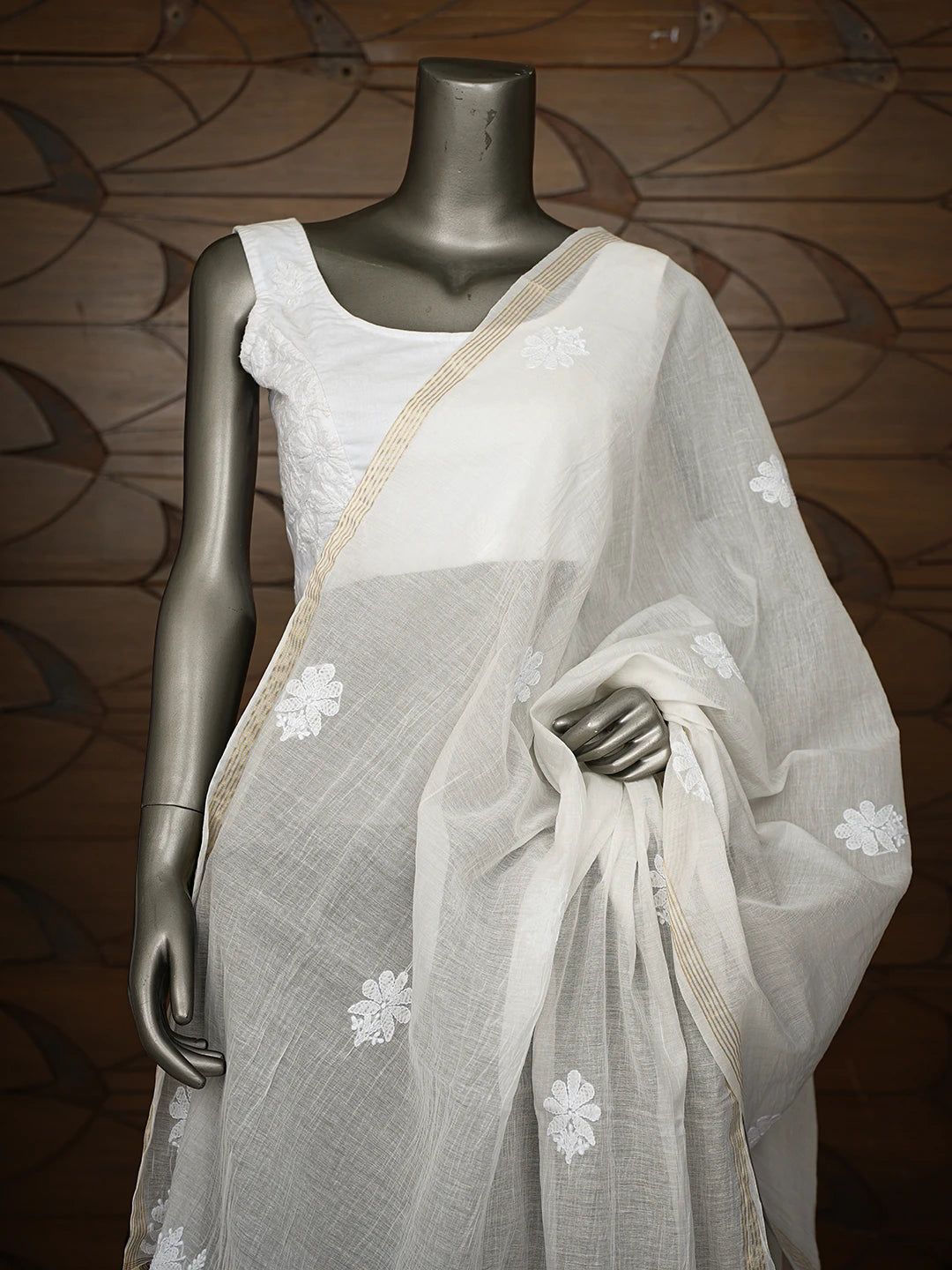 Ada Hand Embroidered White Chanderi Lucknowi Chikankari Dupatta 01A813786
