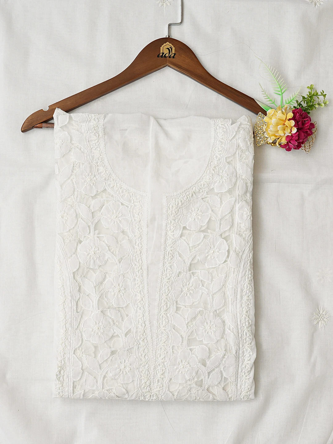 Ada Hand Embroidered White Cotton Lucknowi Chikankari Semi-Stitched Kurta Dupatta Set 01A813823