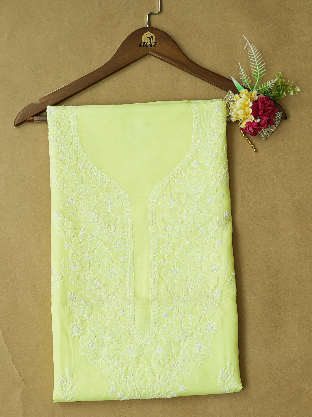 Ada Hand Embroidered Fluorescent Lemon Cotton Lucknowi Chikankari Unstitched Kurta Piece 01A725139