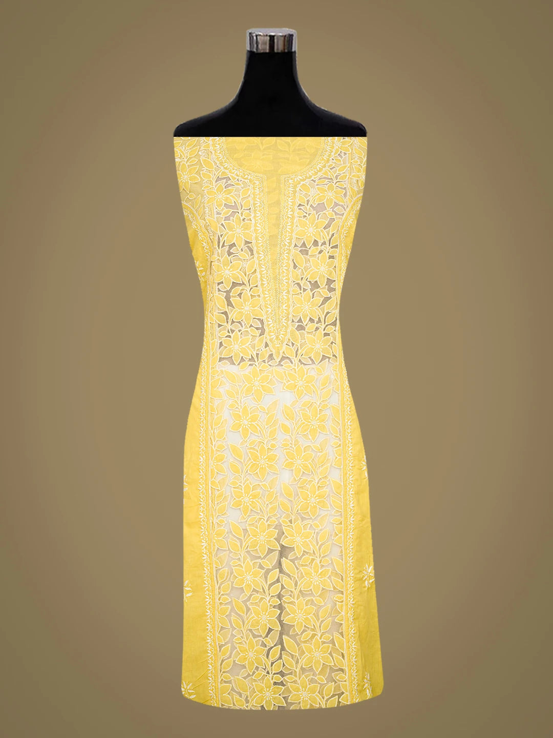 Ada Hand Embroidered Yellow Cotton Lucknowi Chikankari Semi-Stitched Kurta Dupatta Set 01A813827