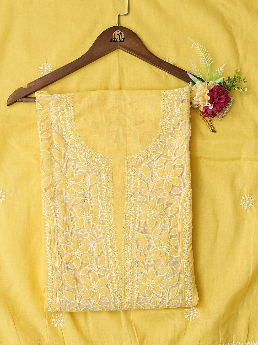 Ada Hand Embroidered Yellow Cotton Lucknowi Chikankari Semi-Stitched Kurta Dupatta Set 01A813827