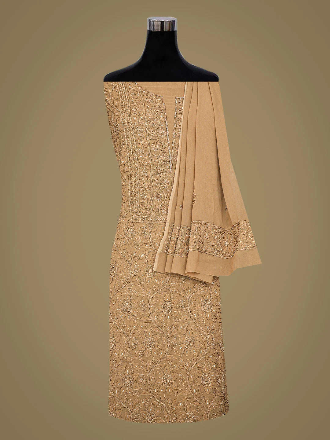 Ada Hand Embroidered Chamoisee Brown Viscose Georgette Lucknowi Chikankari Unstitched Kurta Dupatta Set With Cutdana Work 01A765980