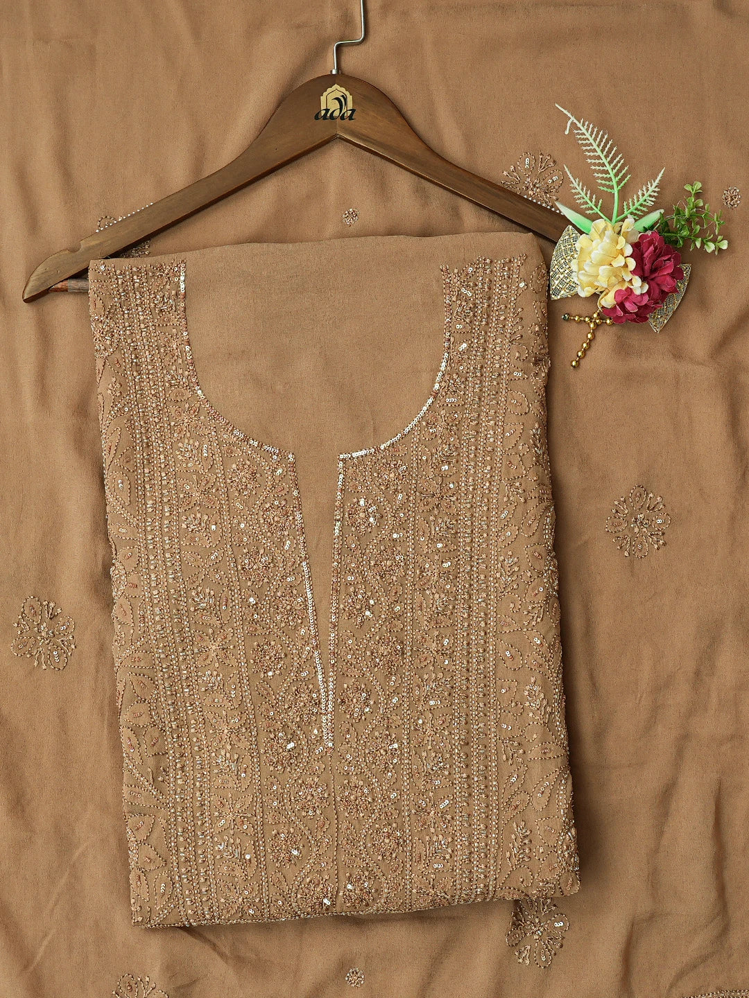 Ada Hand Embroidered Chamoisee Brown Viscose Georgette Lucknowi Chikankari Unstitched Kurta Dupatta Set With Cutdana Work 01A765980