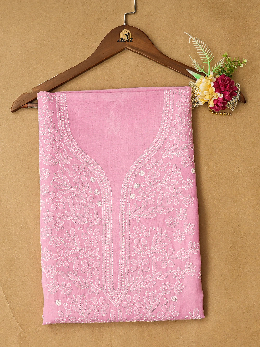Ada Hand Embroidered Pink Cotton Lucknowi Chikankari Unstitched Kurta Piece 01A725146