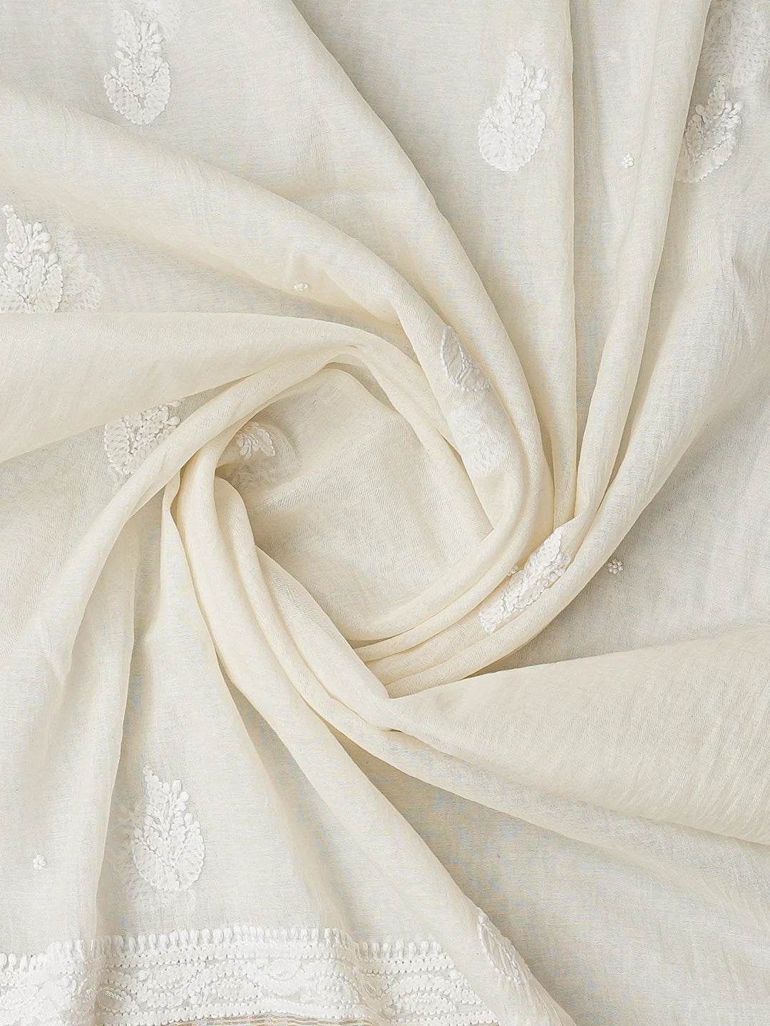 Ada Hand Embroidered White Chanderi Lucknowi Chikankari Semi-Stitched Kurta Dupatta Set With Cutdana Work 01A813864