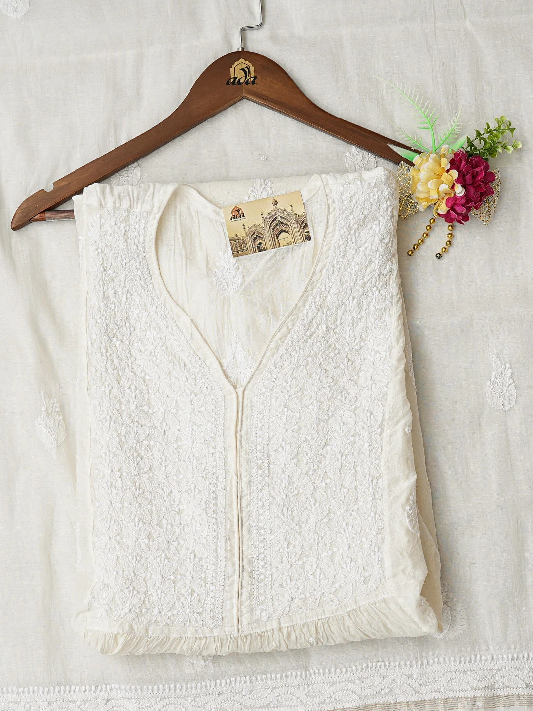Ada Hand Embroidered White Chanderi Lucknowi Chikankari Semi-Stitched Kurta Dupatta Set With Cutdana Work 01A813864