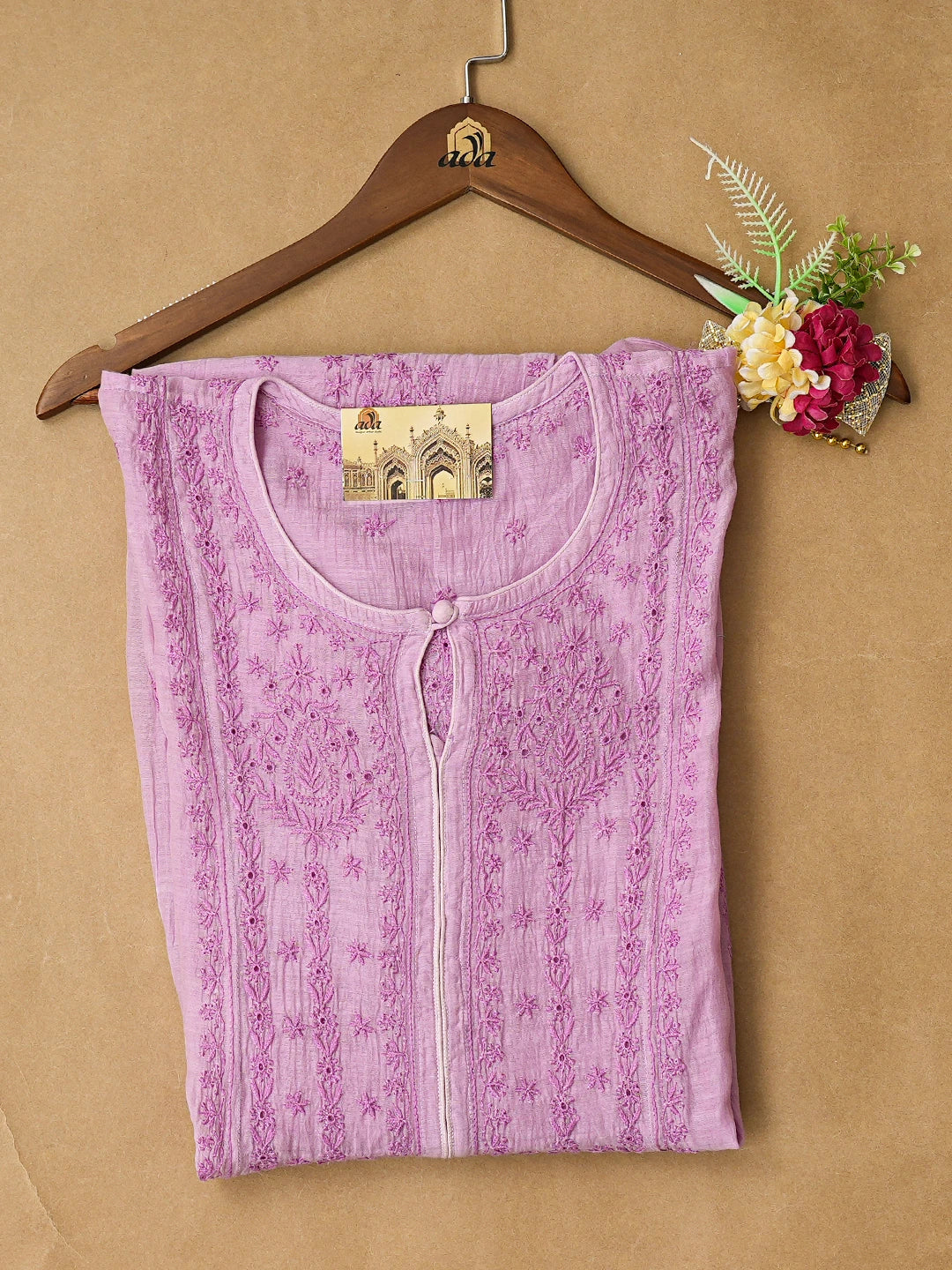 Ada Hand Embroidered Mauve Chanderi Lucknowi Chikankari Semi-Stitched Kurta Piece 01A789627