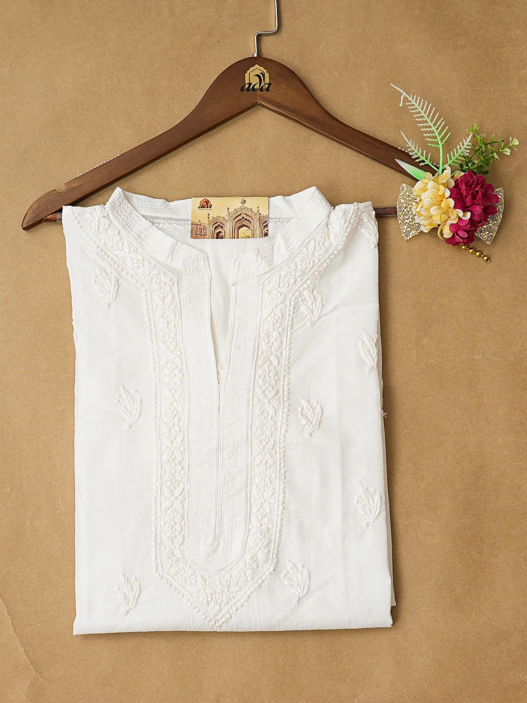 Ada Hand Embroidered White Cotton Lucknowi Chikankari Semi-Stitched Kurta Piece 01A380669