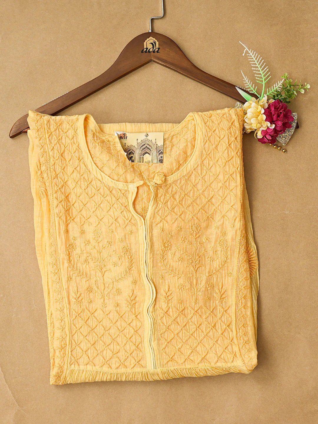 Ada Hand Embroidered Yellow Chanderi Lucknowi Chikankari Semi-Stitched Kurta Piece 01A789632