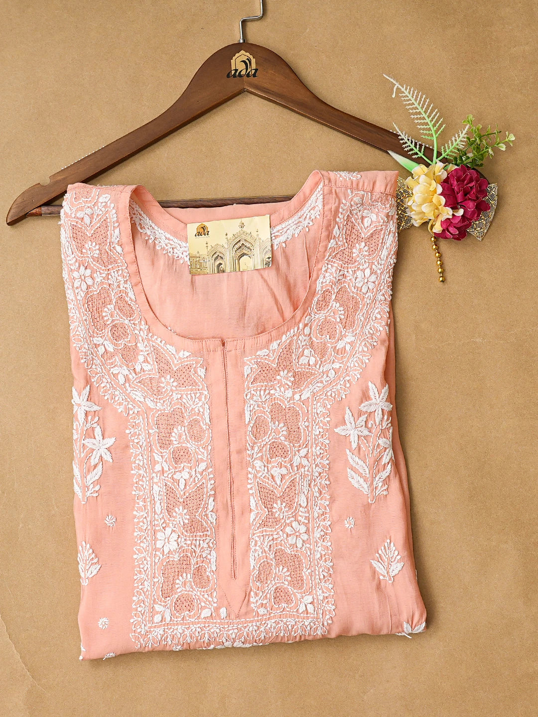 Ada Hand Embroidered Peach Chanderi Lucknowi Chikankari Semi-Stitched Kurta Piece 01A668757