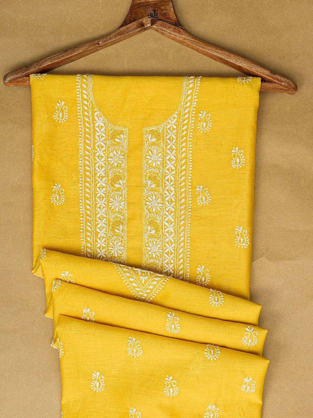 Ada Hand Embroidered Yellow Chanderi Lucknowi Chikankari Unstitched Men's Kurta Piece 01A785585