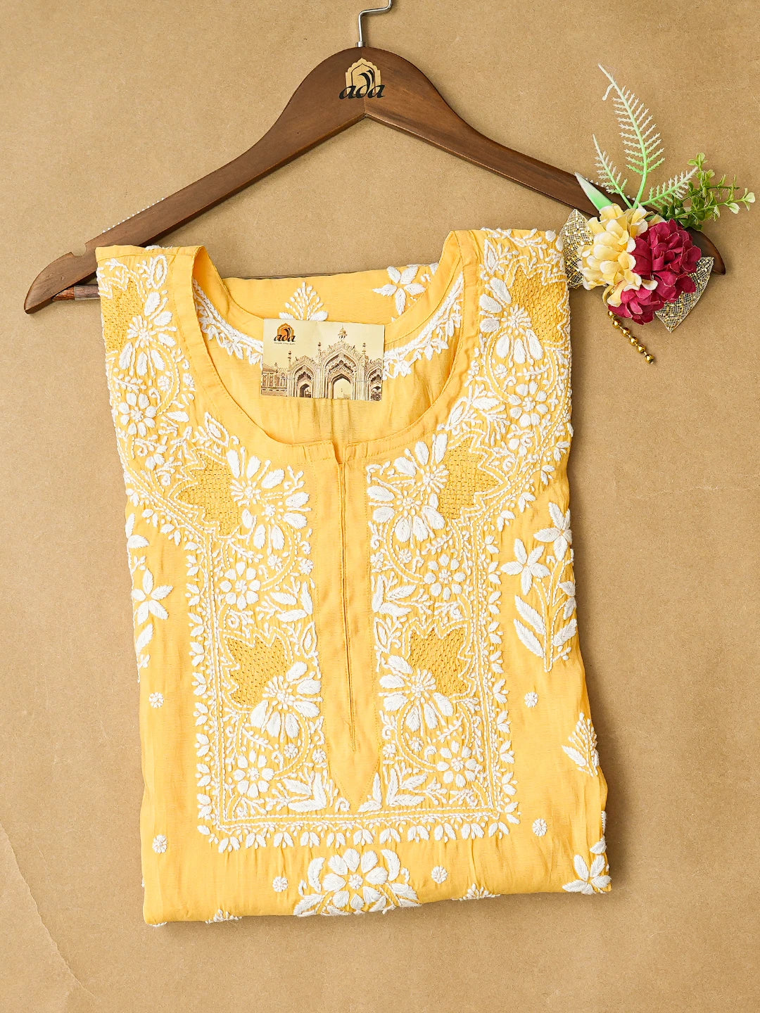 Ada Hand Embroidered Yellow Chanderi Lucknowi Chikankari Semi-Stitched Kurta Piece 01A668749