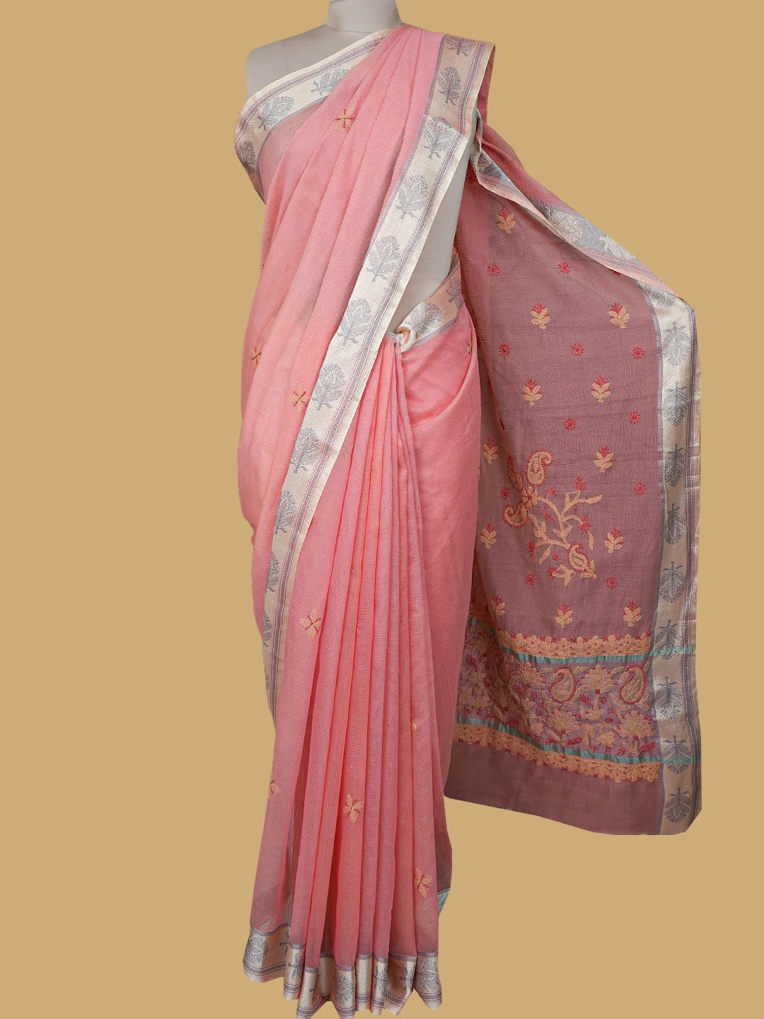 Ada Hand Embroidered Carrot Pink Super Net Lucknowi Chikankari Saree With Blouse 01A814530