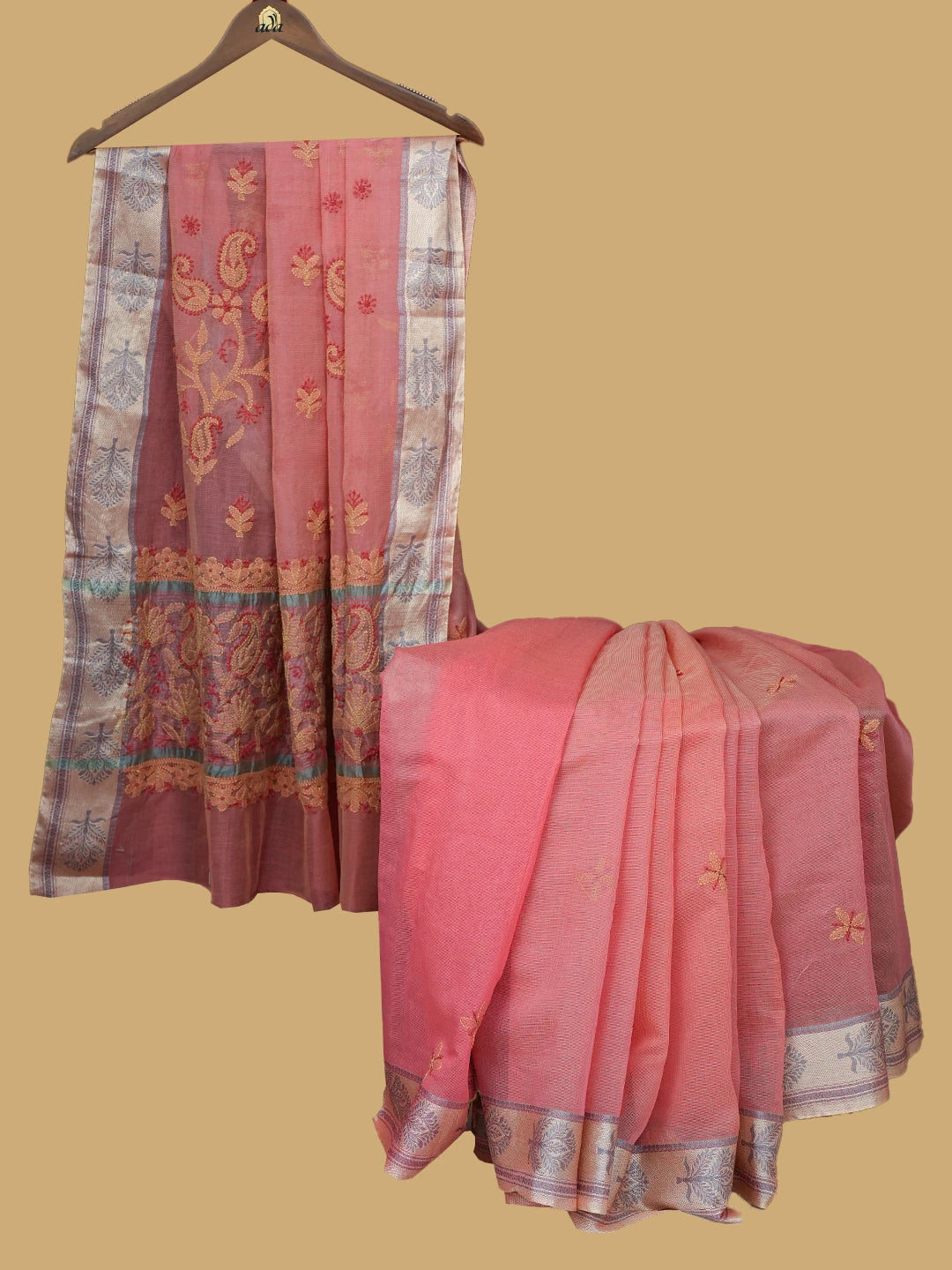 Ada Hand Embroidered Carrot Pink Super Net Lucknowi Chikankari Saree With Blouse 01A814530