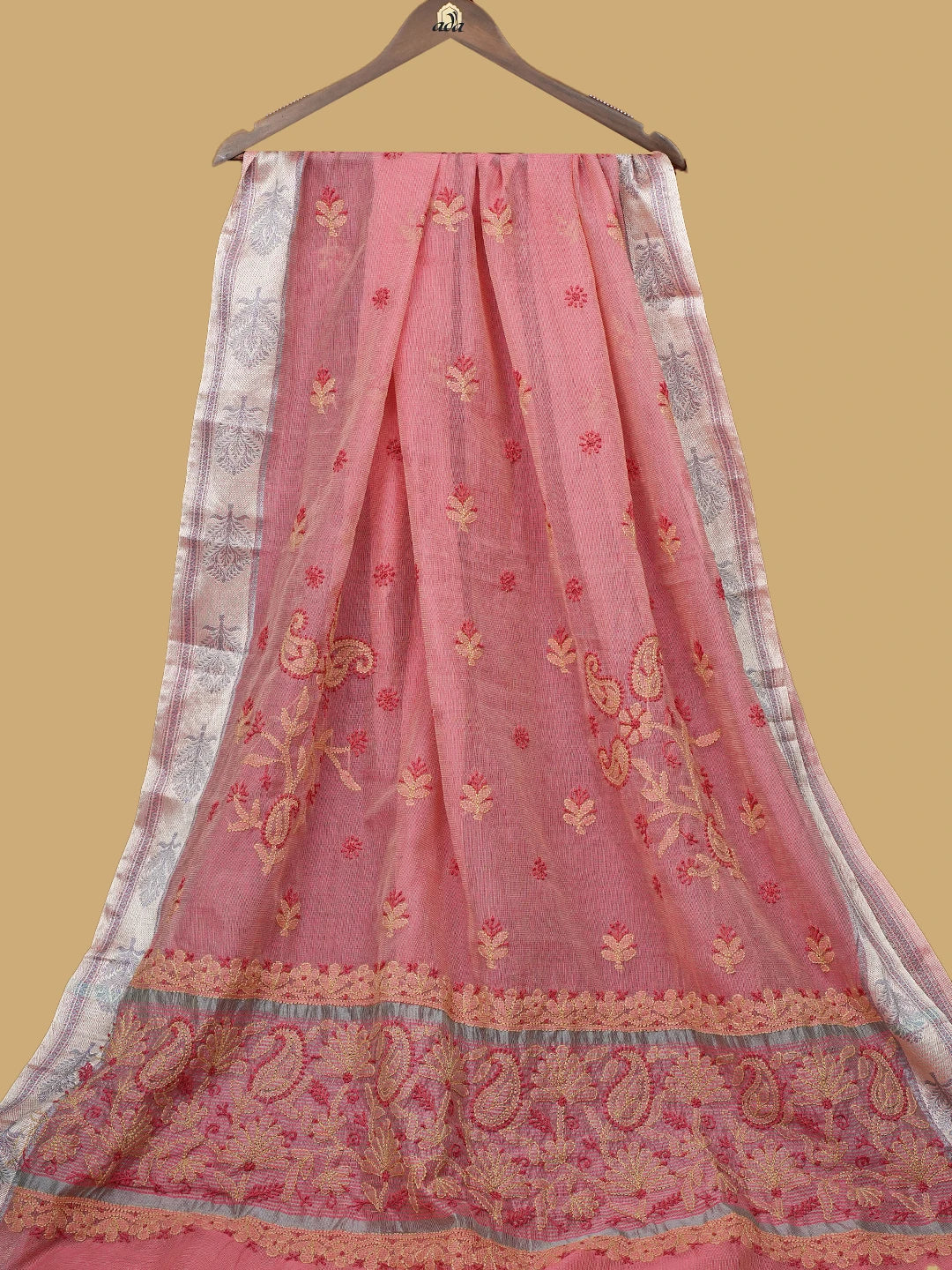 Ada Hand Embroidered Carrot Pink Super Net Lucknowi Chikankari Saree With Blouse 01A814530