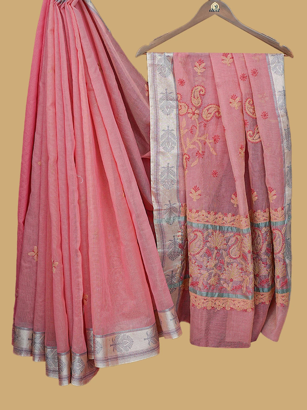 Ada Hand Embroidered Carrot Pink Super Net Lucknowi Chikankari Saree With Blouse 01A814530