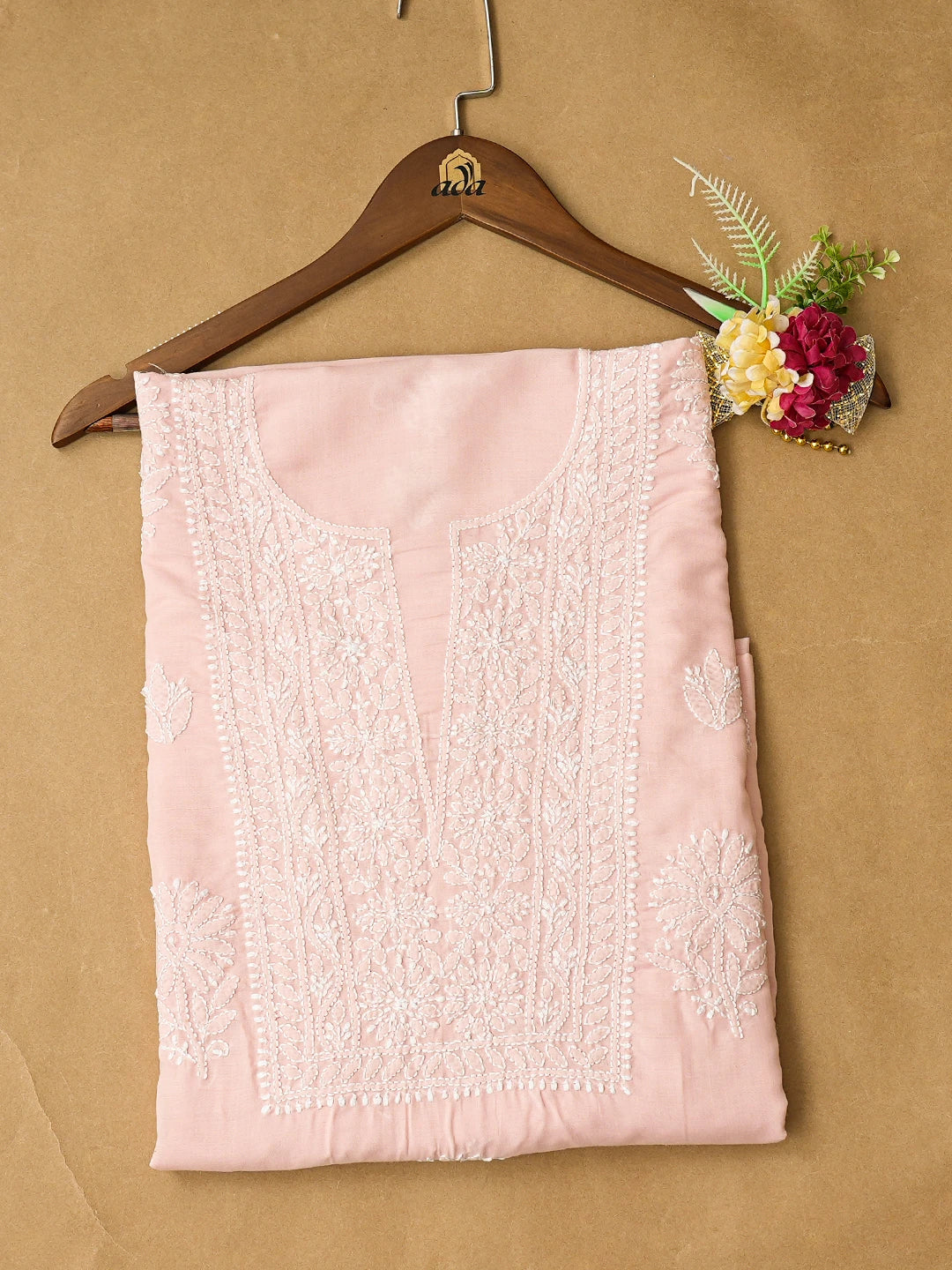 Ada Hand Embroidered Dusty Pink Cotton Lucknowi Chikankari Unstitched Kurta Piece 01A772817