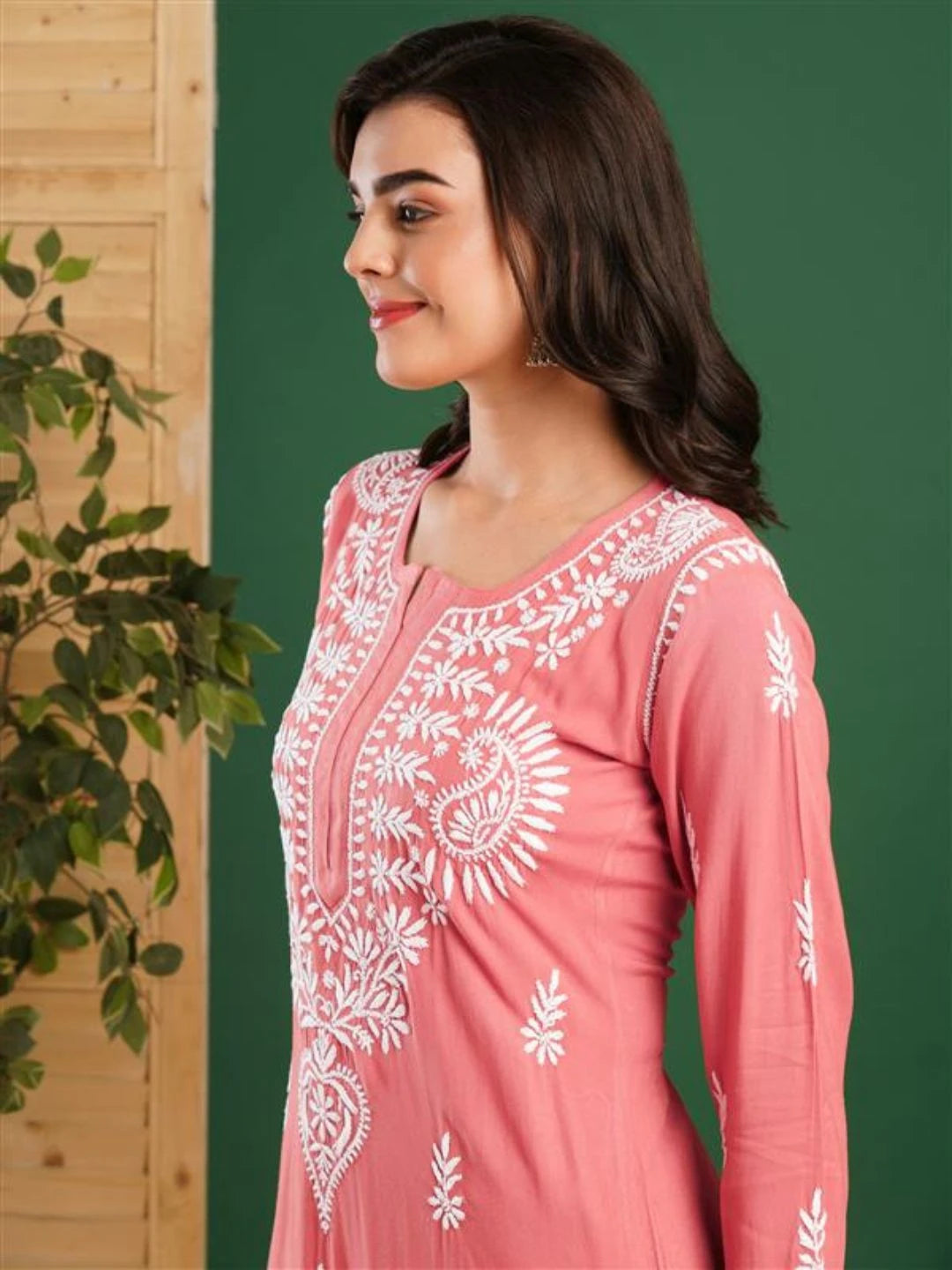 Ada Hand Embroidered Peach Rayon Lucknowi Chikankari Co-Ord Set A811330