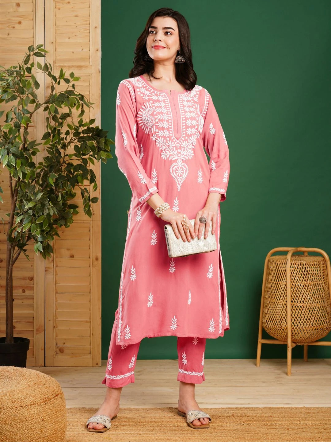 Ada Hand Embroidered Peach Rayon Lucknowi Chikankari Co-Ord Set A811330