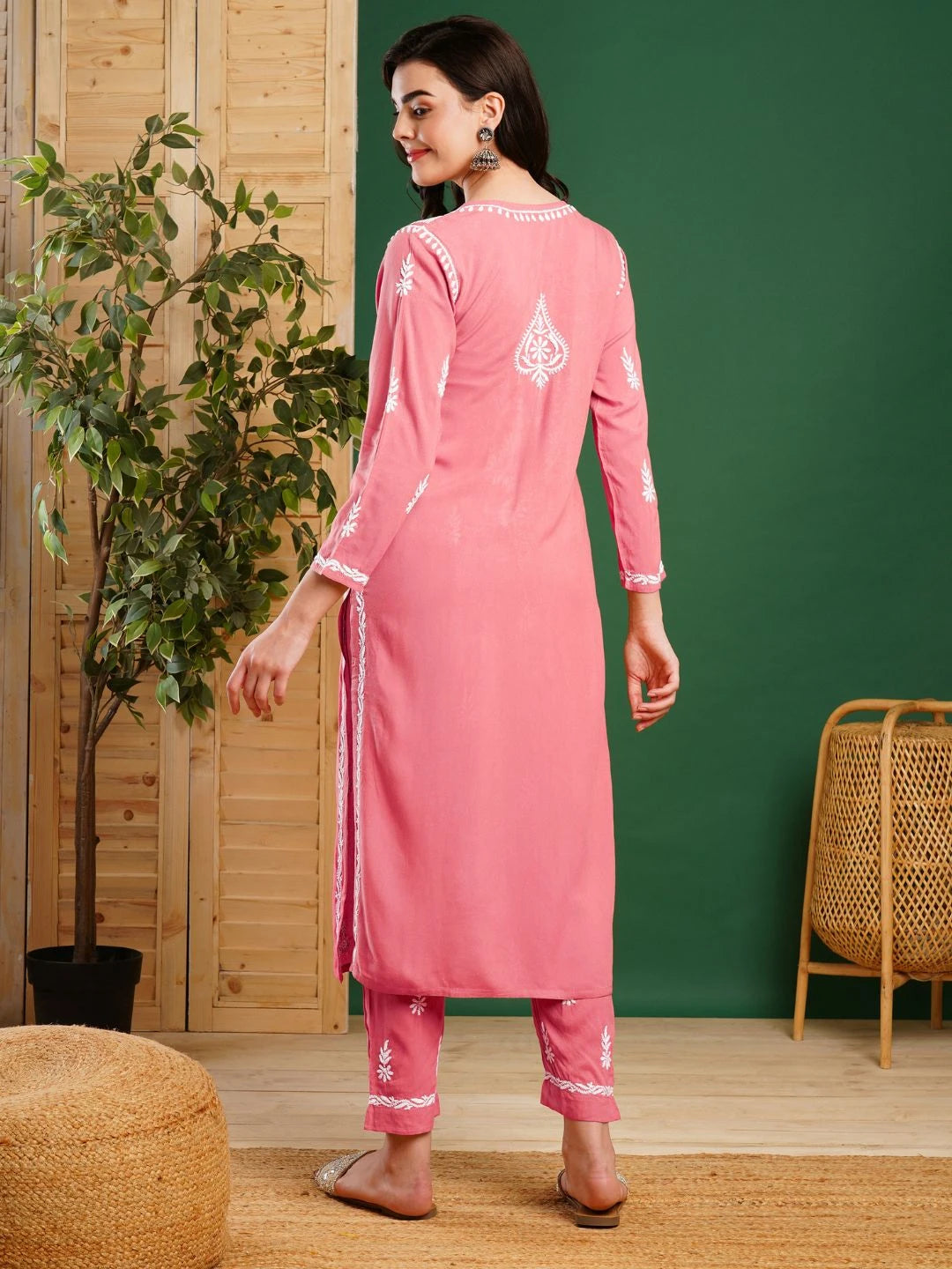 Ada Hand Embroidered Peach Rayon Lucknowi Chikankari Co-Ord Set A811330