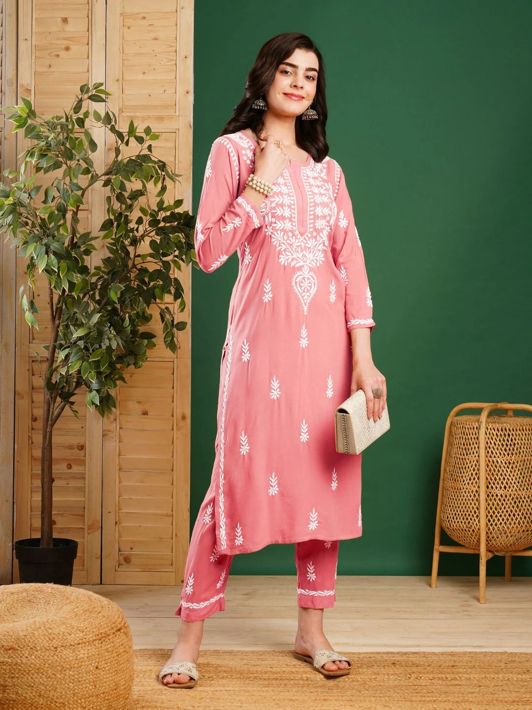 Ada Hand Embroidered Peach Rayon Lucknowi Chikankari Co-Ord Set A811330
