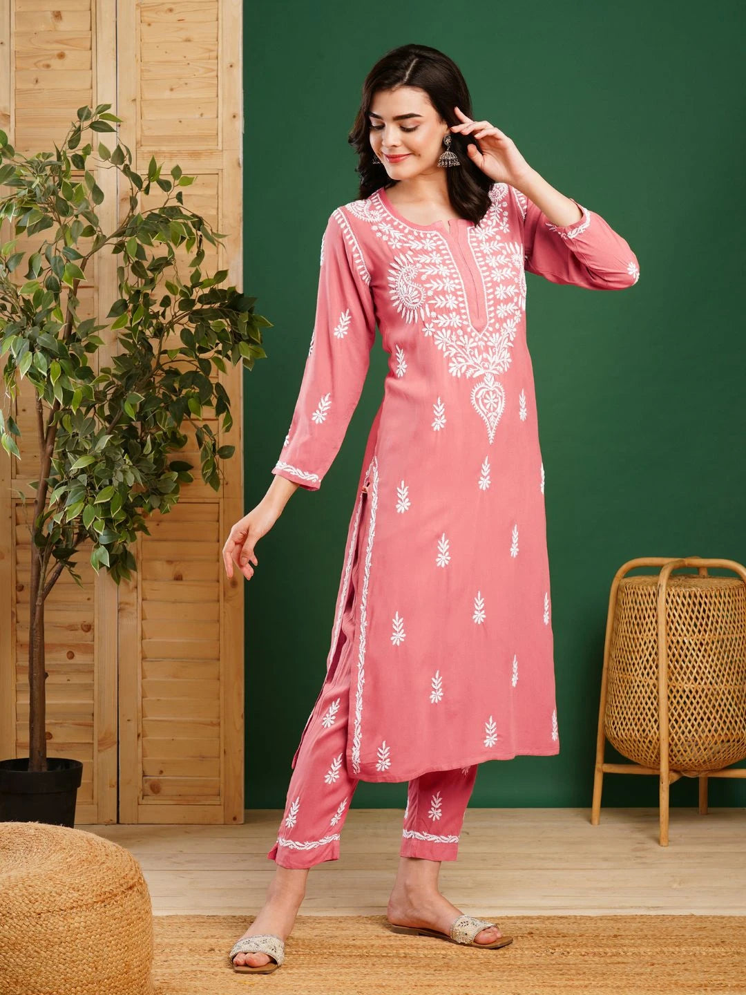 Ada Hand Embroidered Peach Rayon Lucknowi Chikankari Co-Ord Set A811330