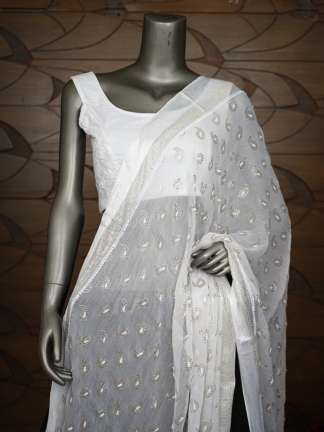 Ada Hand Embroidered White Alabaster Chiffon Lucknowi Chikankari Dupatta With Mukaish Work 01A721865