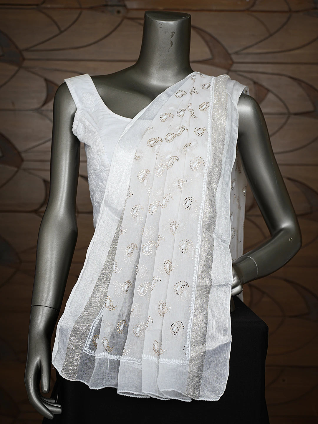 Ada Hand Embroidered White Alabaster Chiffon Lucknowi Chikankari Dupatta With Mukaish Work 01A721865