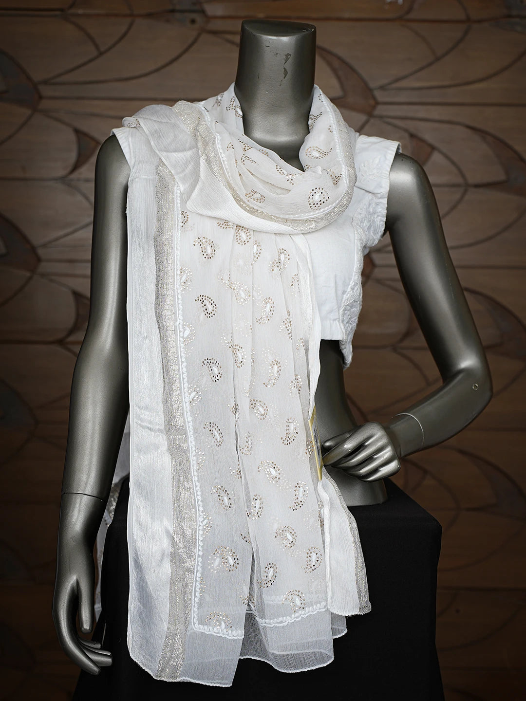 Ada Hand Embroidered White Alabaster Chiffon Lucknowi Chikankari Dupatta With Mukaish Work 01A721865