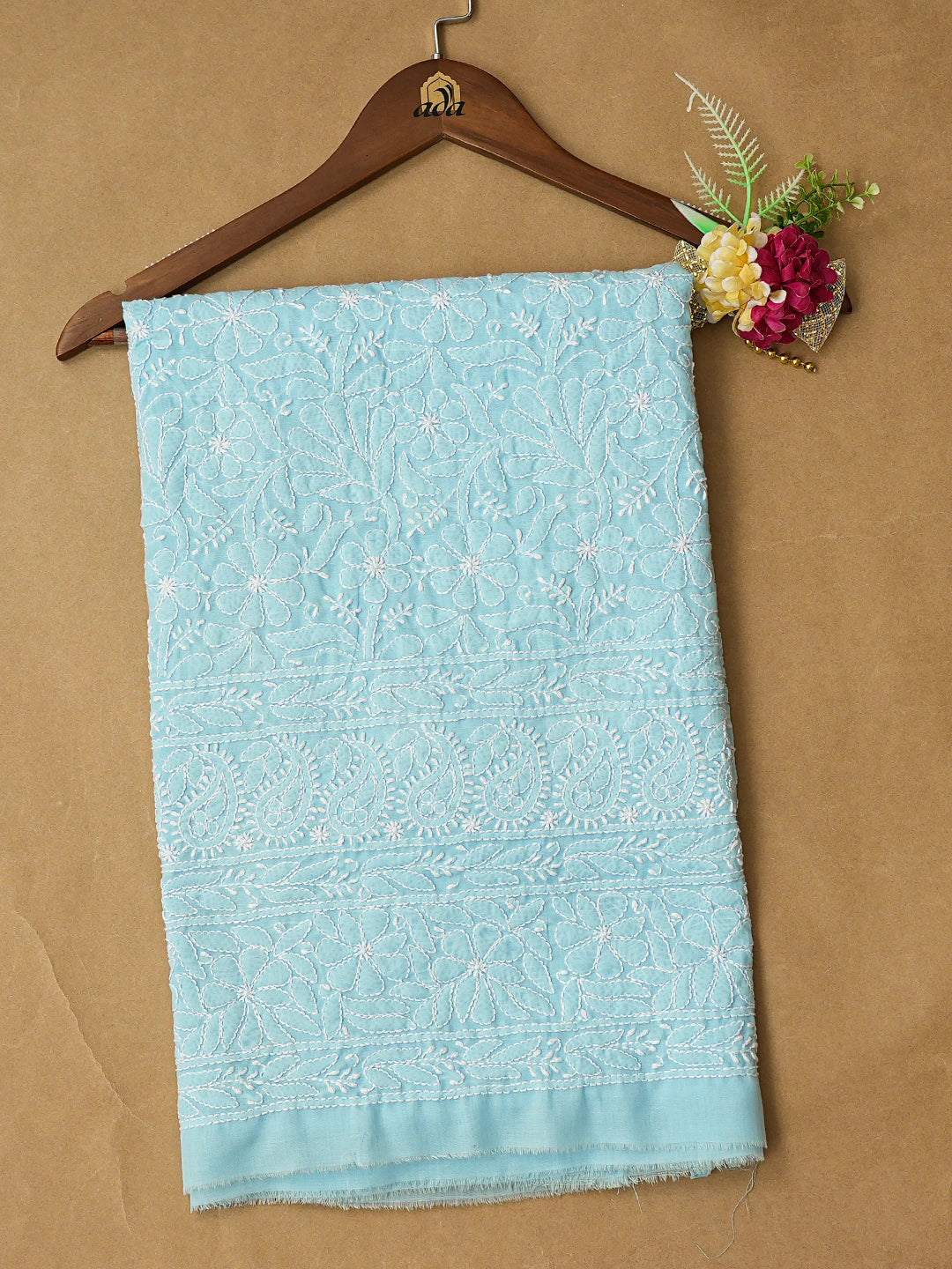 Ada Hand Embroidered Blue Cotton Lucknowi Chikankari Unstitched Kurta Piece 01A607270