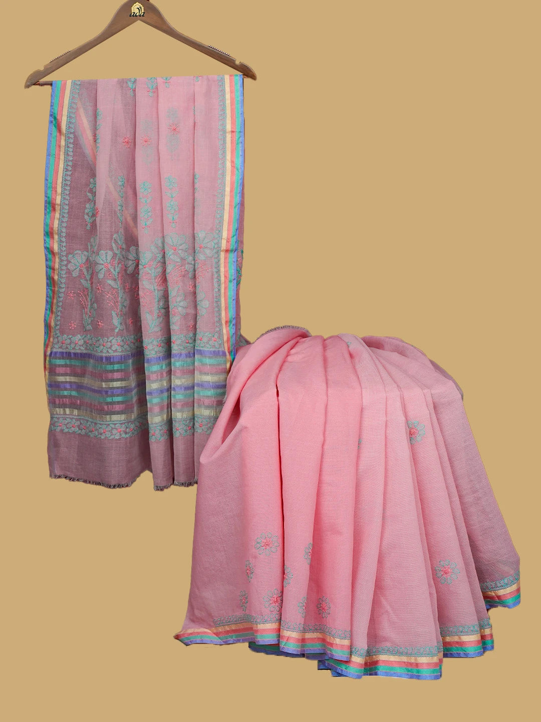Ada Hand Embroidered Salmon Pink Super Net Lucknowi Chikankari Saree With Blouse 01A814528