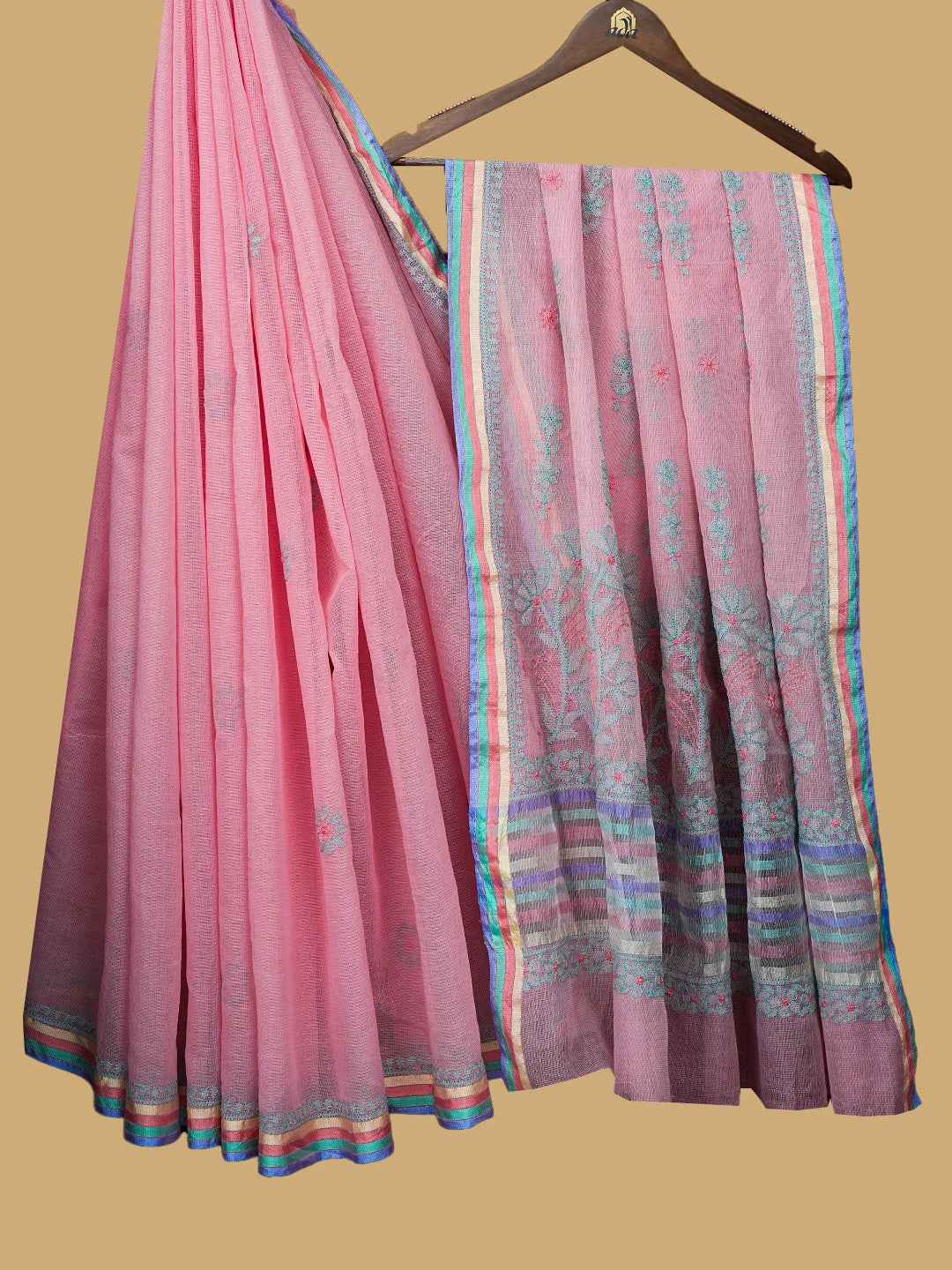 Ada Hand Embroidered Salmon Pink Super Net Lucknowi Chikankari Saree With Blouse 01A814528