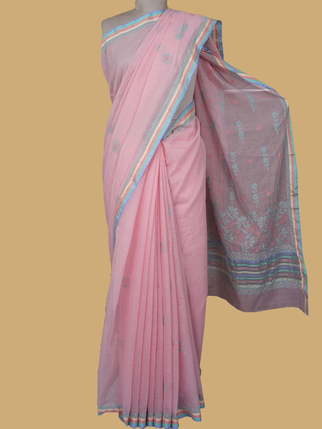 Ada Hand Embroidered Salmon Pink Super Net Lucknowi Chikankari Saree With Blouse 01A814528