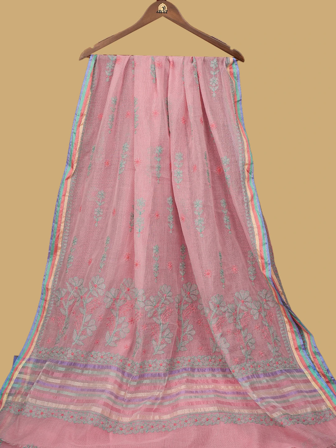 Ada Hand Embroidered Salmon Pink Super Net Lucknowi Chikankari Saree With Blouse 01A814528