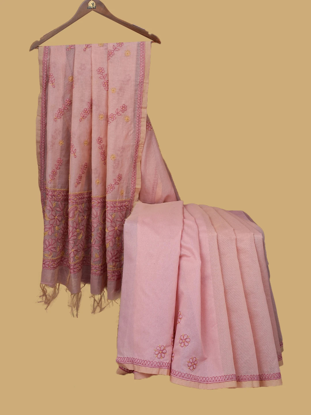 Ada Hand Embroidered Dusty Peach Super Net Lucknowi Chikankari Saree and Blouse 01A814531